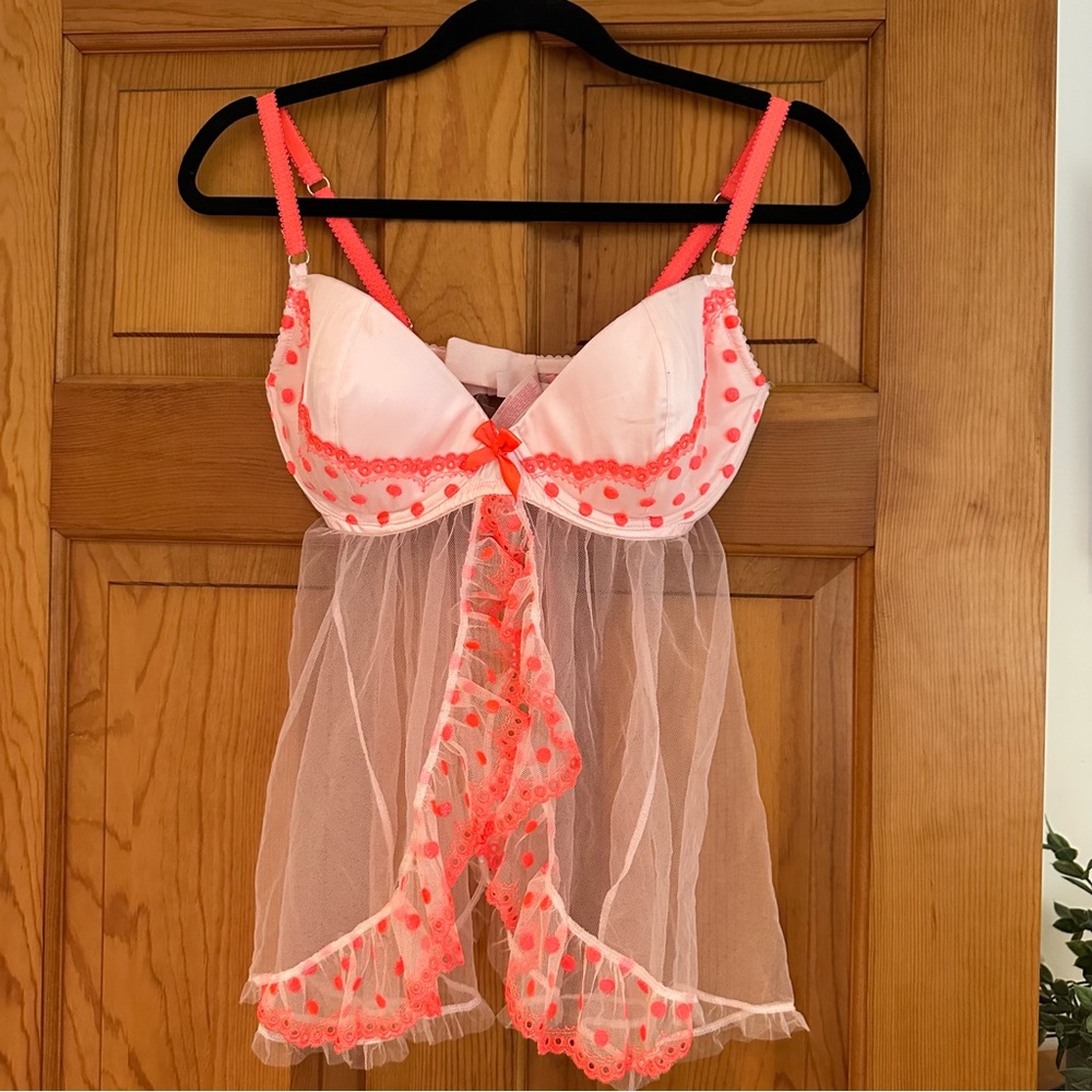 Victoria's Secret Pink and Orange Lace and Satin Baby Doll Lingerie 36D